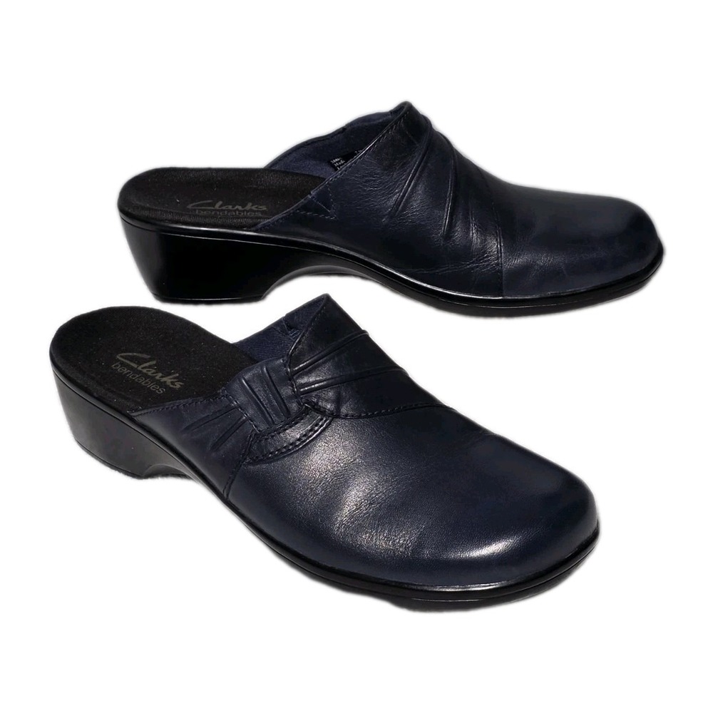 Clarks Women  Bendables 7.5 M ‎ Navy Blue Leather Mules Clogs Slip On